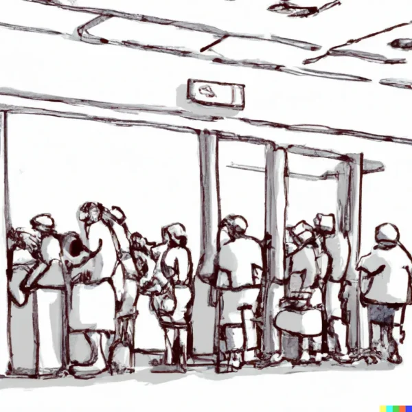 אנשים ממתינים בתור לשירותים חיוניים של המדינה, נוצר על ידי מערכת בינה מלאכותית