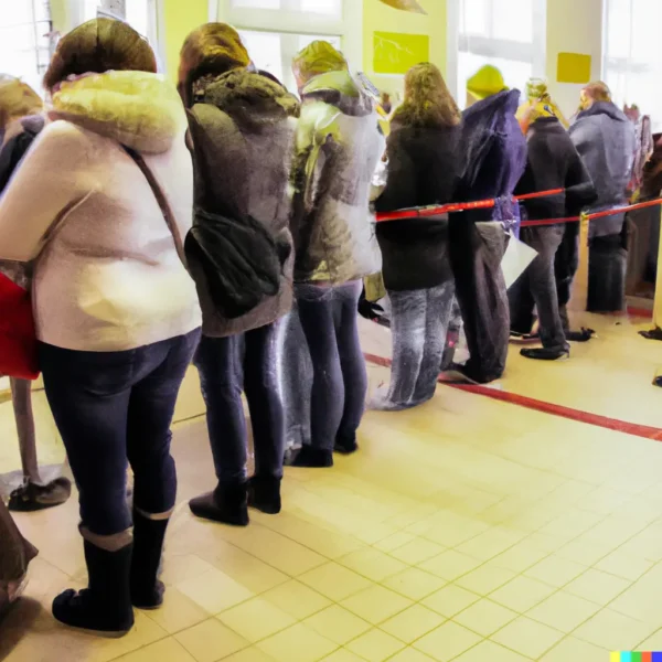 אנשים ממתינים בתור לדואר, נוצר על ידי מערכת בינה מלאכותית